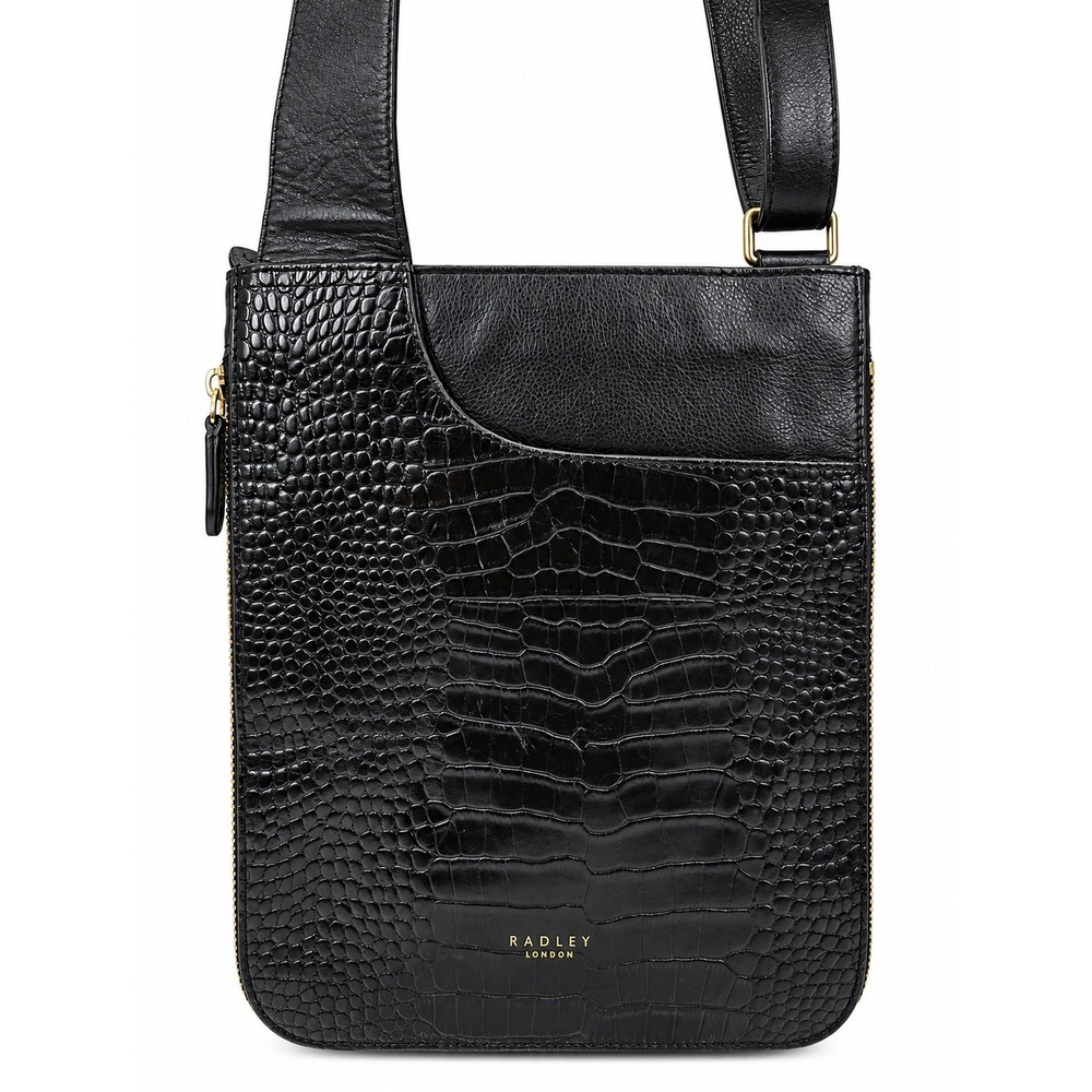 Radley London Black Croc Embossed Leather Crossbody Messenger Bag Gold Hardware